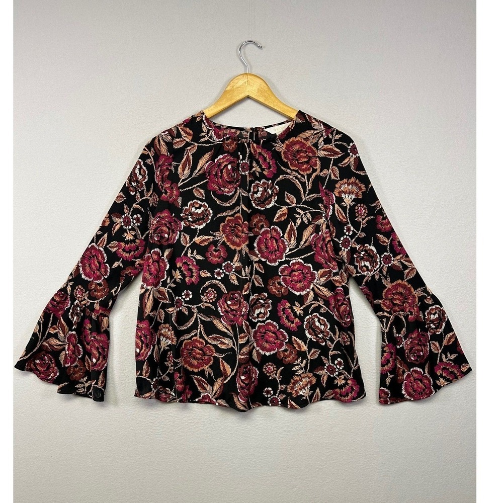 Boho Fenimine Floral a:glow Maternity XS Black Pink Bell Sleeve Blouse Top